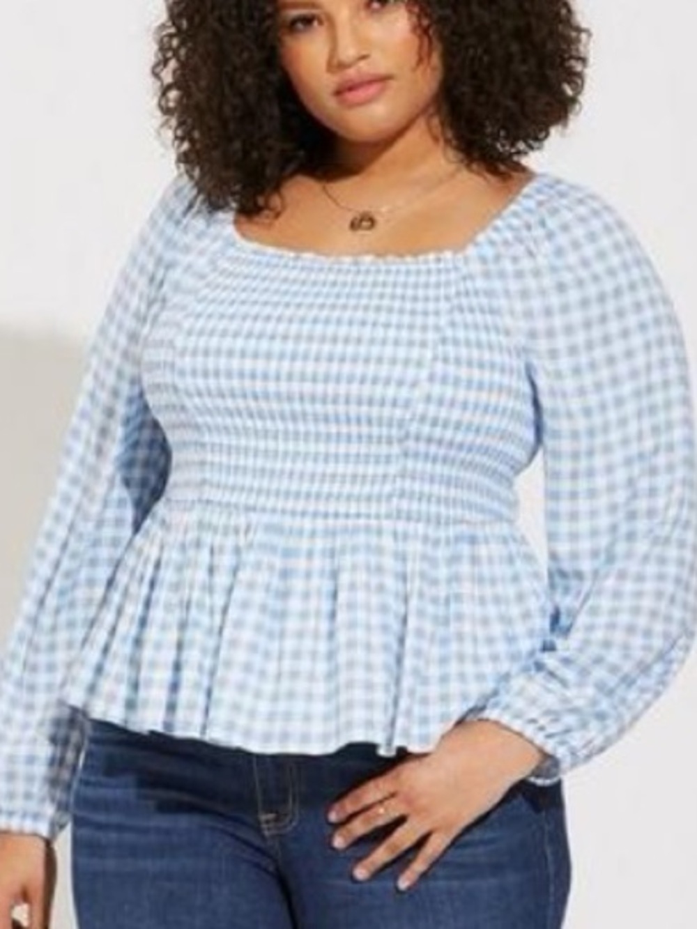Torrid Blue and White Gingham Smocked Peplum Blouse Size 4X Top Summer Spring